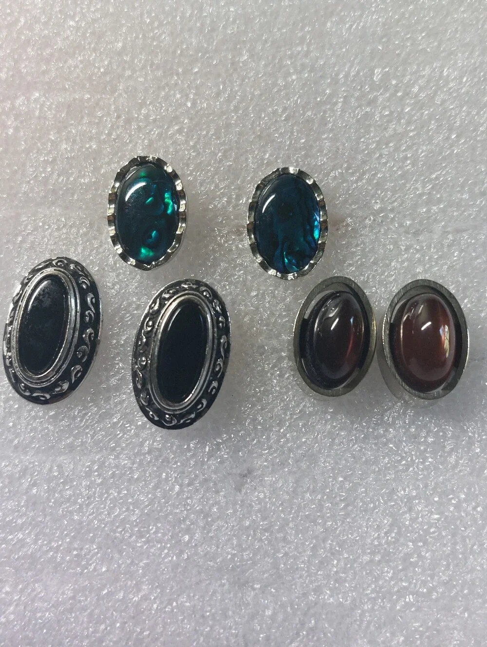 Vintage Estate Silvertone Mens Cufflinks Cabochon Abalone Onyx Style, Lot of 3